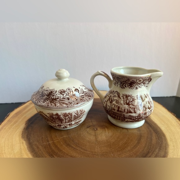 Churchill Currier & Ives “Mill Dam” Sugar Bowl w/Lid & Creamer Made in England - Picture 2 of 10